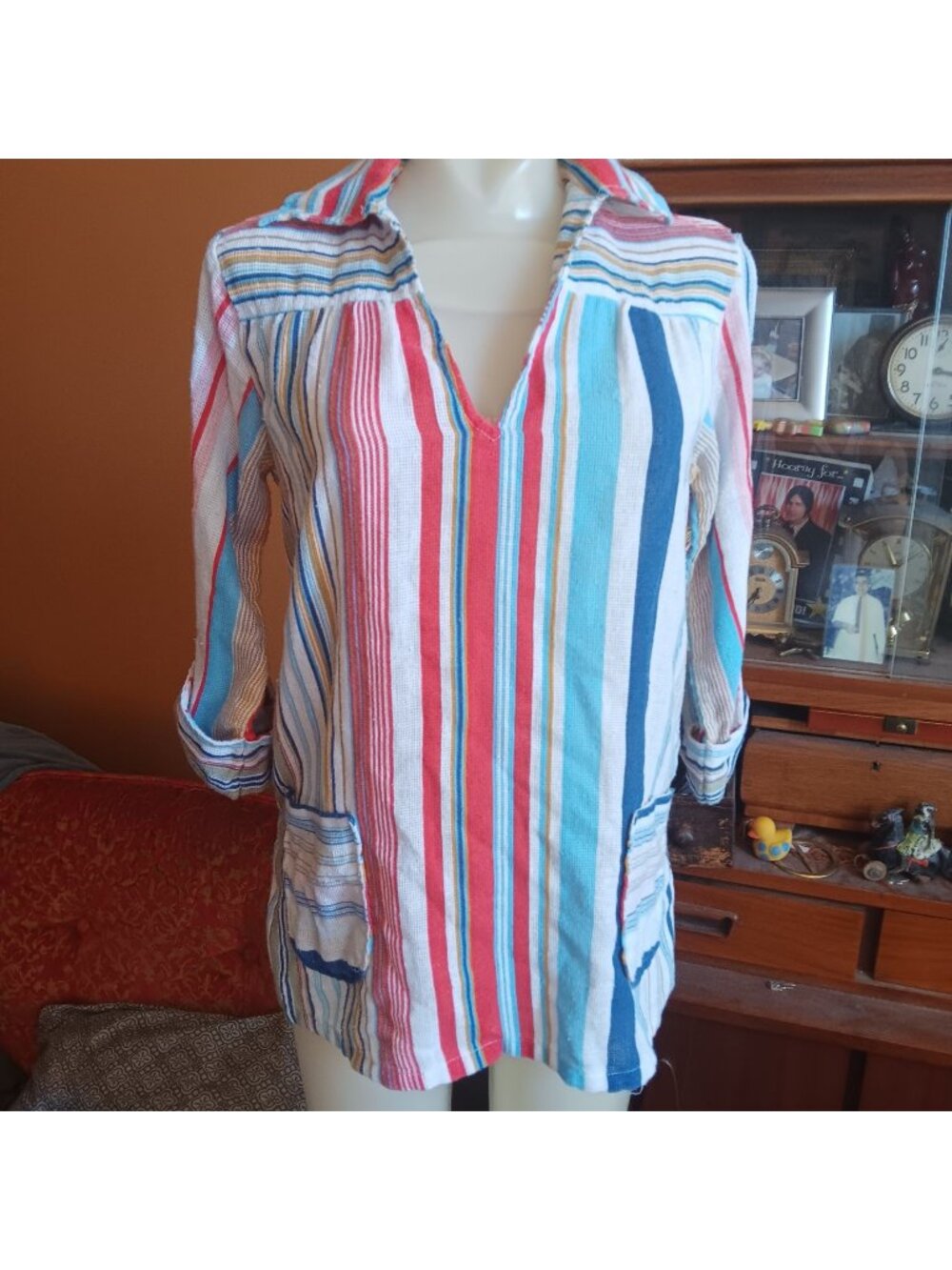 True Vintage Hippy Top 1970's Boho Medium Colorful Striped Tunic Shirt Pocket